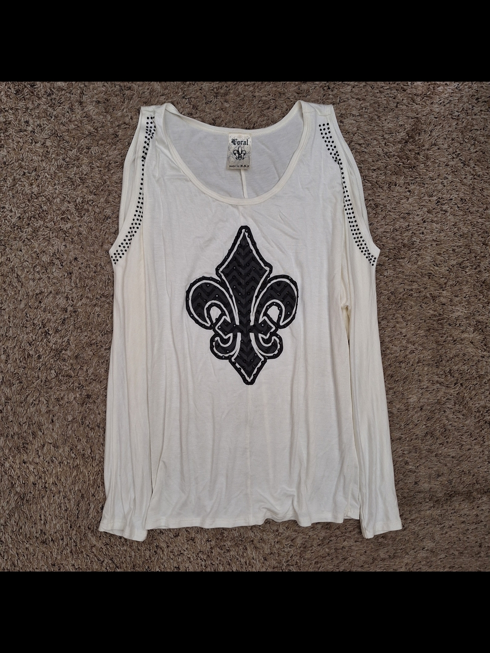 Vocal Rhinestone Embellished Fleur de Lis Open Shoulder Y2K Top Size M